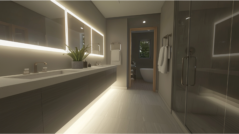 Contemporary bathroom with a large mirror, double sinks, and a walk-in shower.