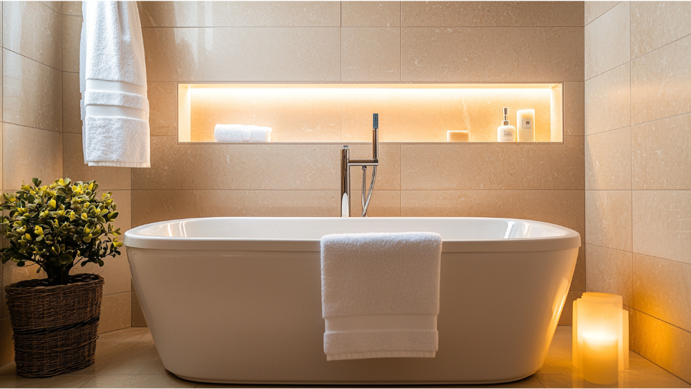 A bath tub with aesthetic lighting