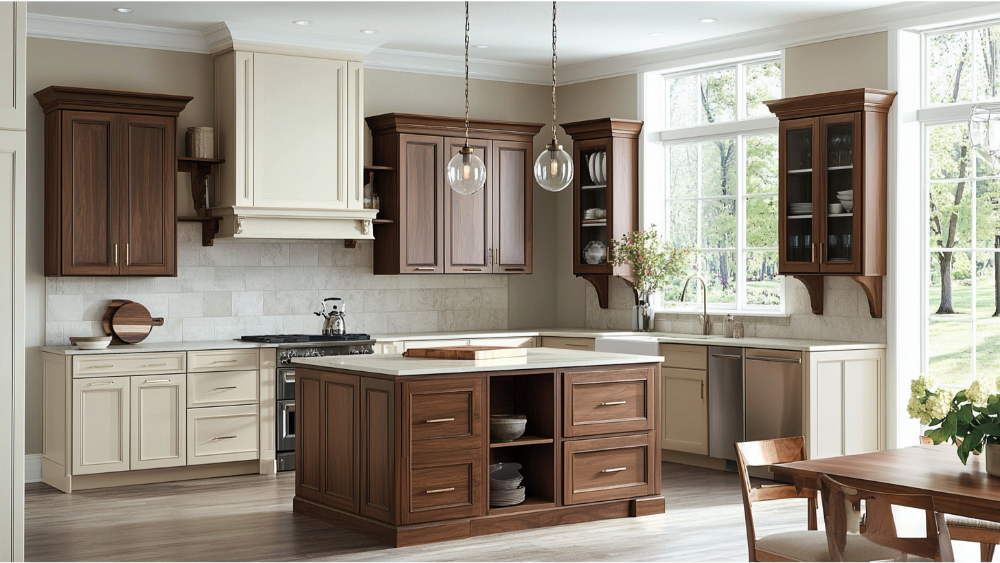 Brown and beige kitchen cabinet combination
