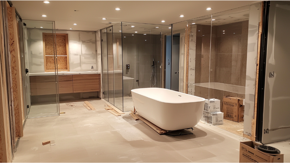 Bathroom under construction with freestanding bathtub, glass-enclosed shower, and floating vanity installation in progress.