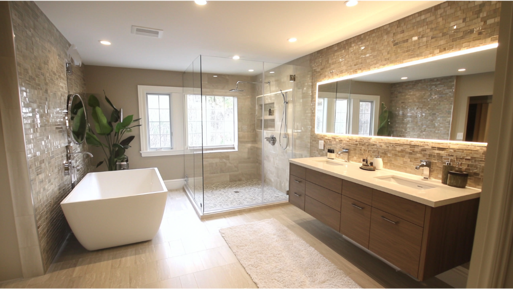 Contemporary bathroom with glass walk-in shower, freestanding bathtub, and wood vanity beneath a large backlit mirror.
