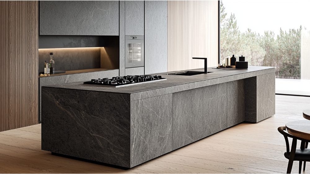 A modern kitchen stove on a modern kitchen island