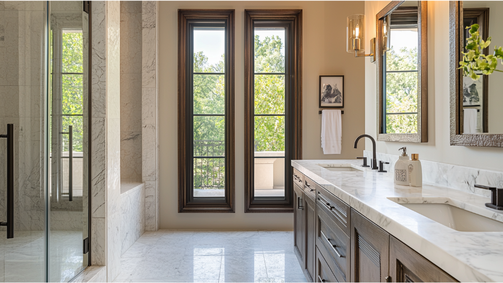 A jack and jill bathroom with a double vanity