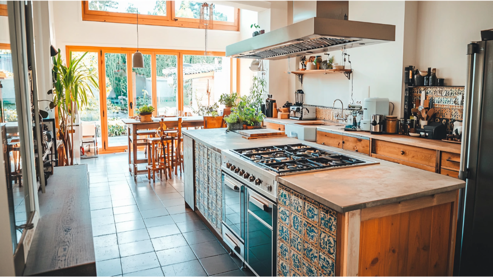 A gas stove on a kitchen island