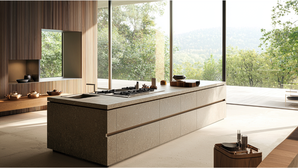 A modern kitchen island in a modern kitchen