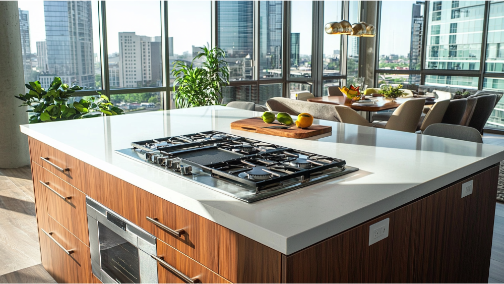 A person optimizing their kitchen space with a kitchen island stove