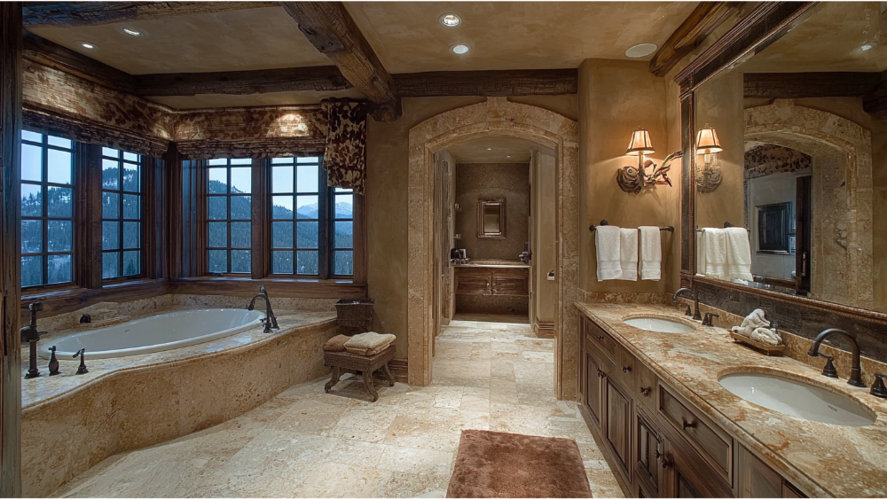 A real jack and jill bathroom in a house in the mountains