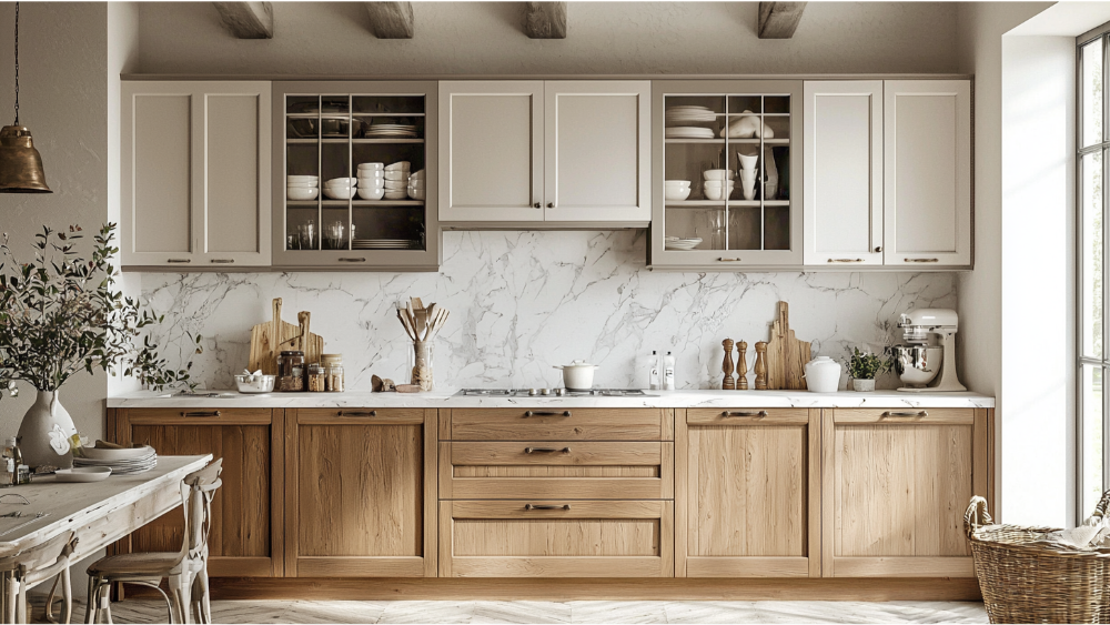 two tone kitchen cabinets in brown and light gray