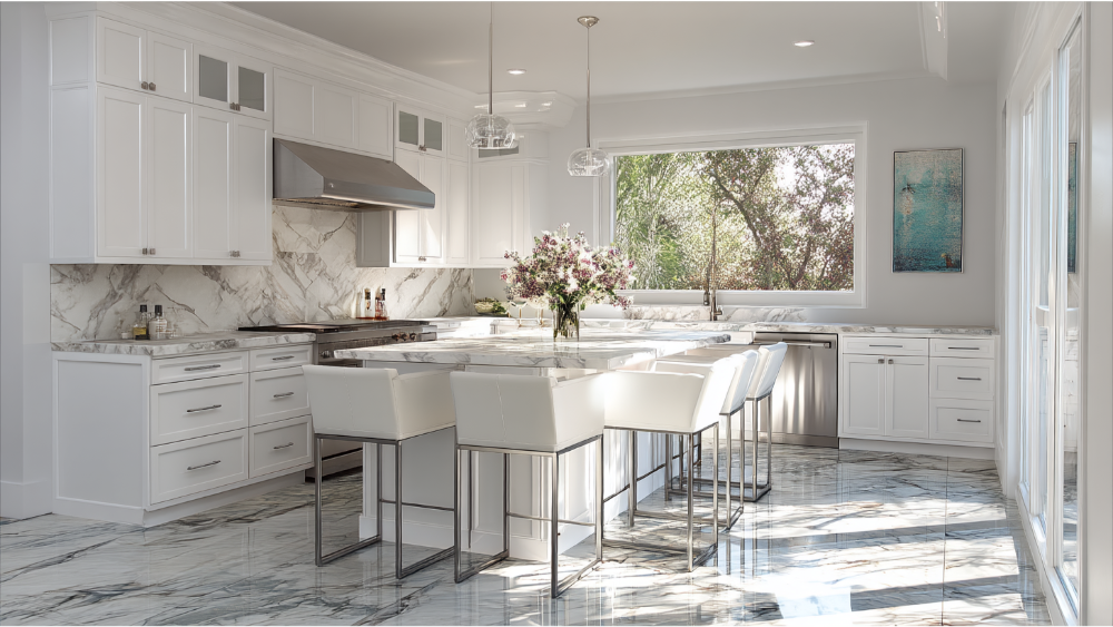 Modern white kitchen with polished marble-look tile flooring and large center island