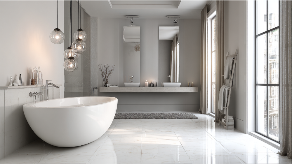  Contemporary bathroom with polished marble-look tiles, floating vanity, and hanging glass pendant lights.