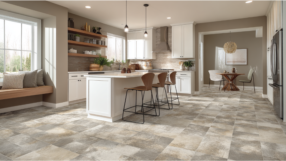 Transitional kitchen with beige stone-look tile flooring and neutral walls