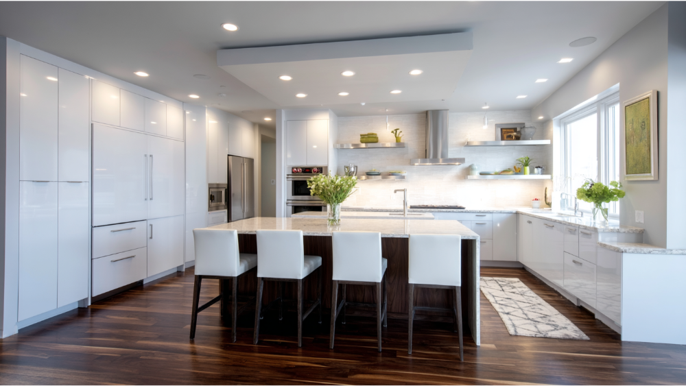 Contemporary kitchen with glossy white cabinets, dark wood flooring, and sleek minimalist design.