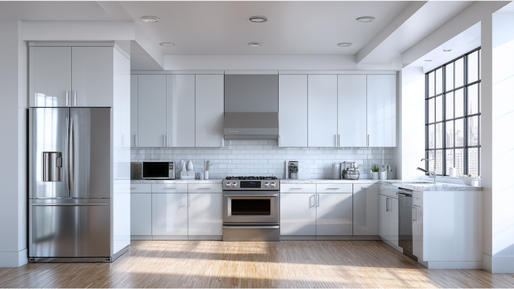 Minimalist kitchen with stainless steel refrigerator, microwave, and oven.