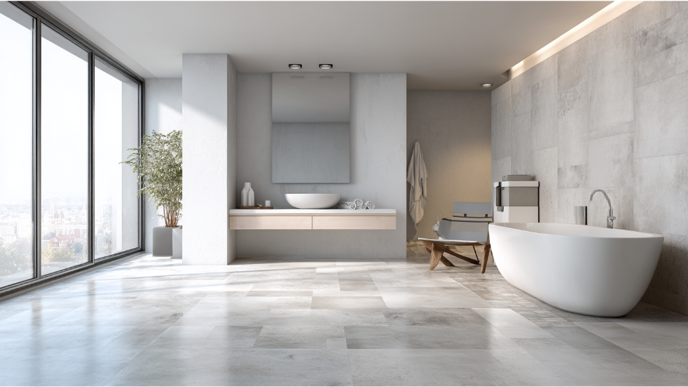 Minimalist bathroom with light gray concrete-look tiles, freestanding tub, and full wall of windows.