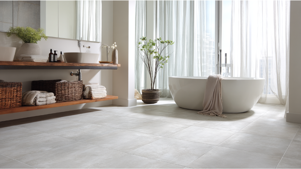 Modern bathroom with soft gray porcelain tiles, open shelving, and a round soaking tub near large windows.