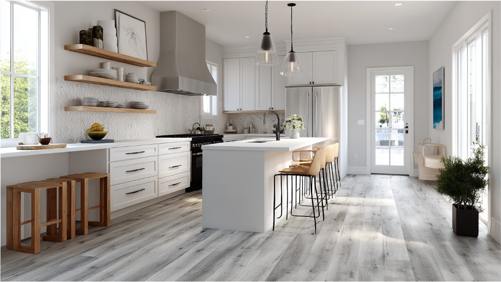 Contemporary kitchen featuring gray-washed vinyl plank flooring and open shelving