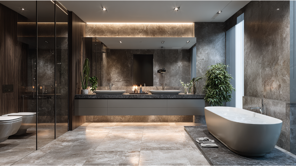Sophisticated bathroom with dark marble flooring and walls, floating double vanity, and freestanding soaking tub.