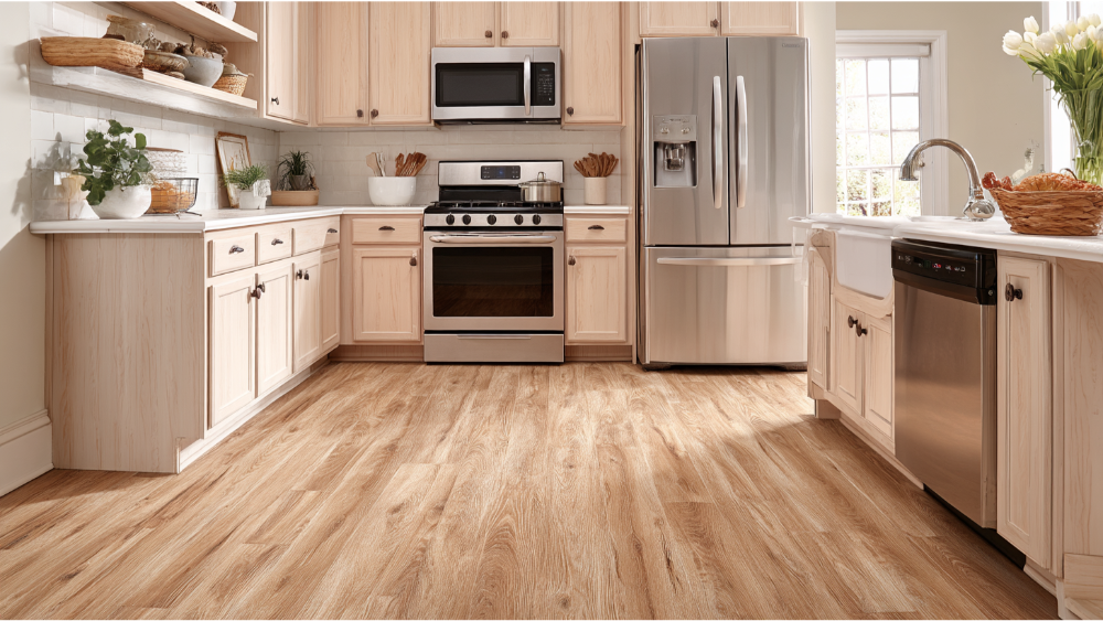 Warm-toned kitchen with light oak laminate flooring and stainless steel appliances