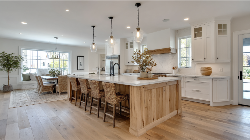 Bright open-concept kitchen with natural wood island, wicker barstools, and farmhouse-style dining area.
