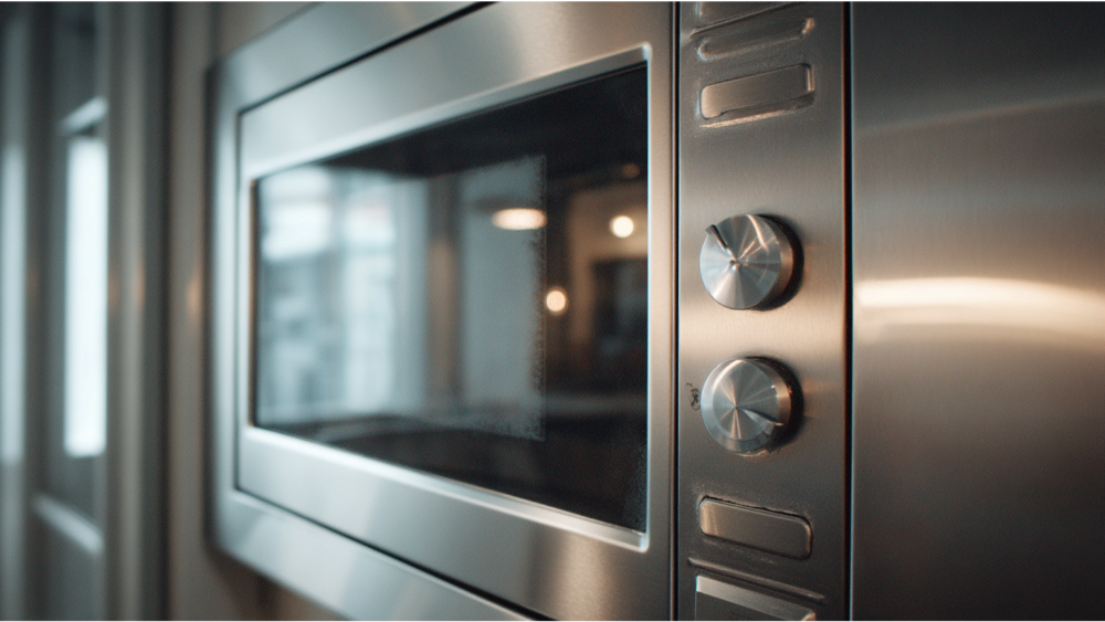 Close-up of a stainless steel microwave with control knobs.