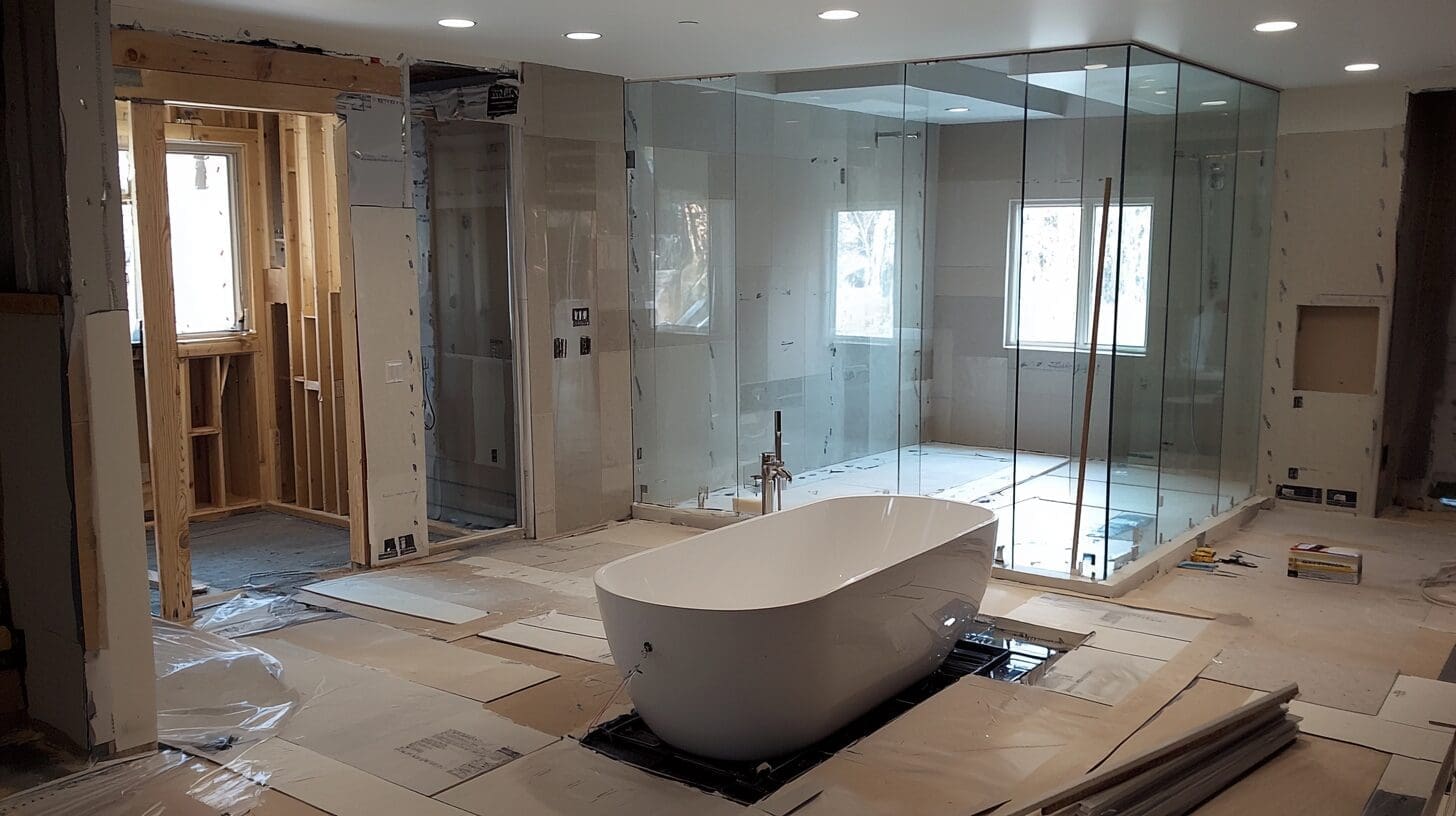 Partially completed bathroom with freestanding tub and frameless glass shower enclosure, surrounded by unfinished walls and construction materials.