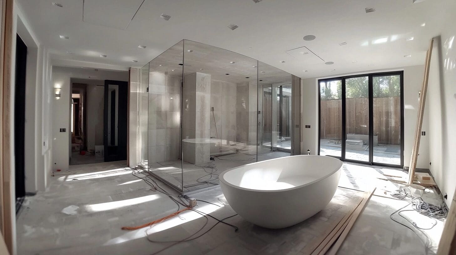 Luxury bathroom under construction with a freestanding tub, large glass shower enclosure, and floor-to-ceiling windows.