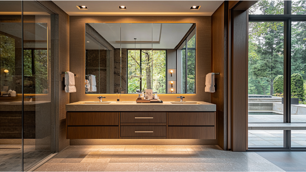 A spacious bathroom with floor-to-ceiling windows, dual vanities, underlit floating cabinetry, and a serene view of an outdoor garden space.