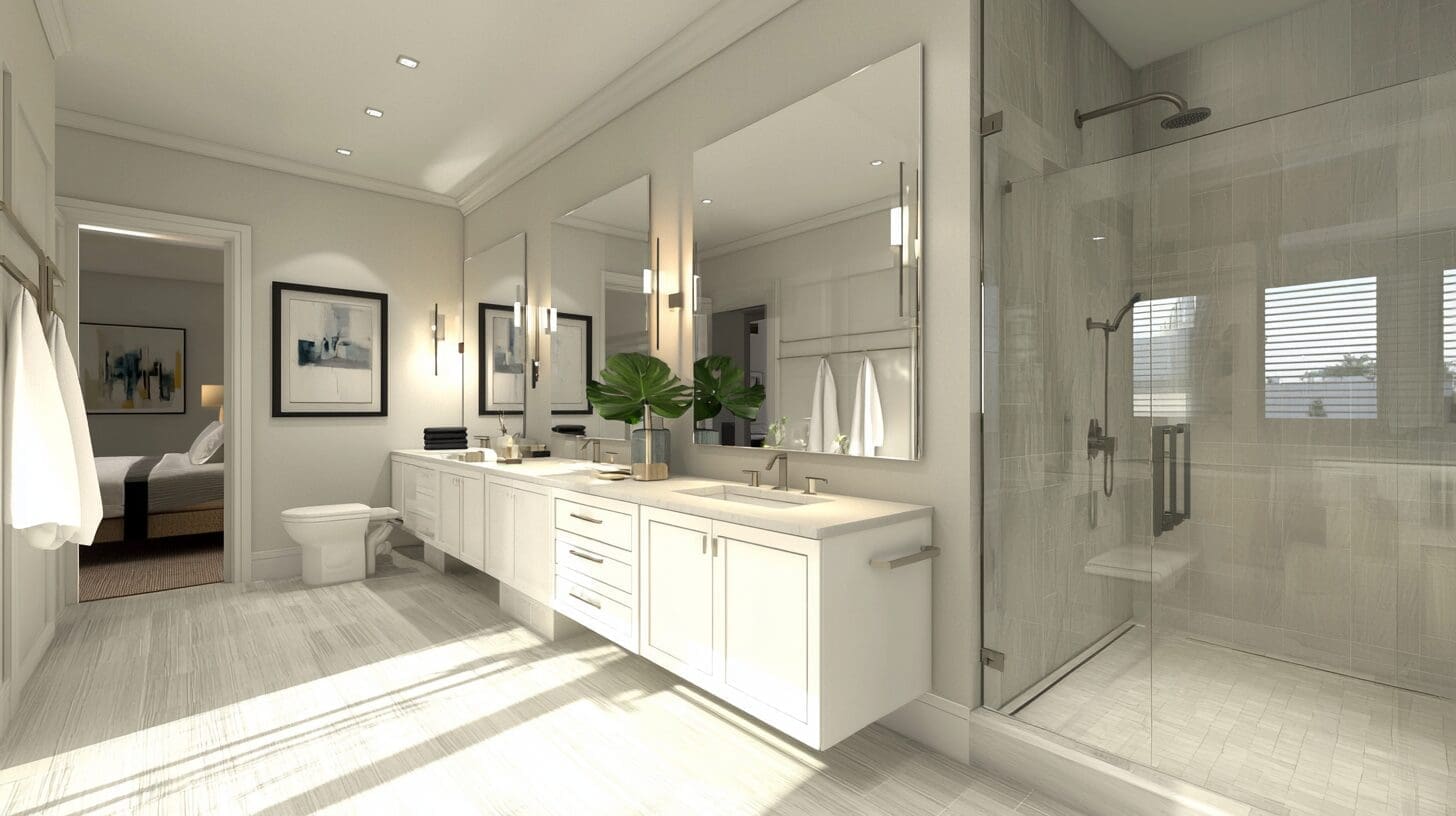 Bright contemporary bathroom featuring a white double vanity, glass shower, and wall-mounted mirrors with accent lighting.