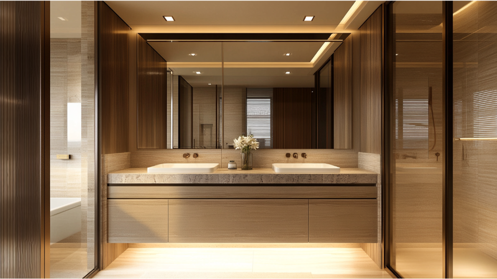 A contemporary bathroom with a warm, wood-paneled interior, backlit mirror, dual sinks, and a clean, symmetrical layout.