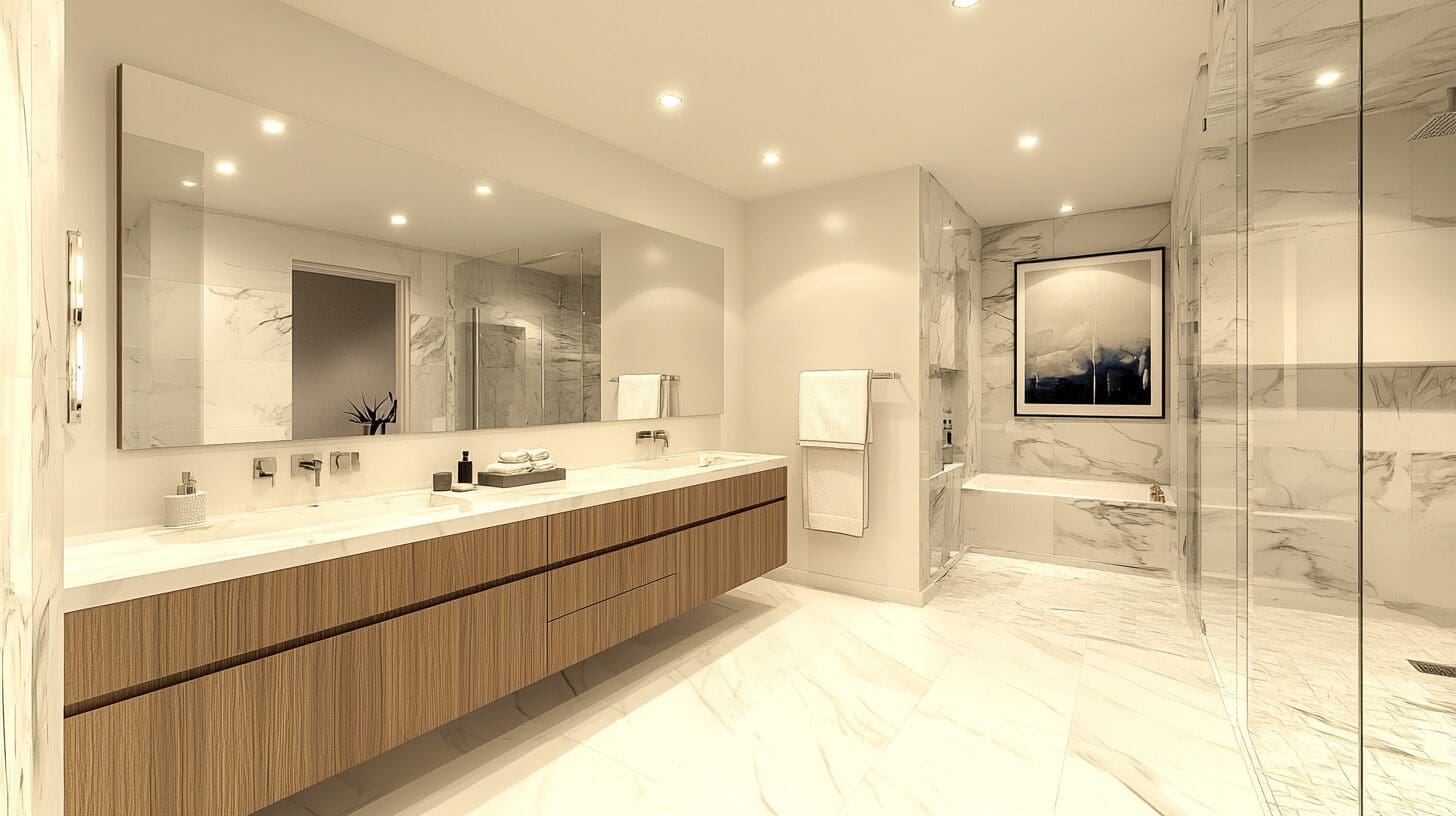 Modern bathroom with floating wood vanity, large wall mirror, marble walls and floors, and a glass-enclosed shower.

