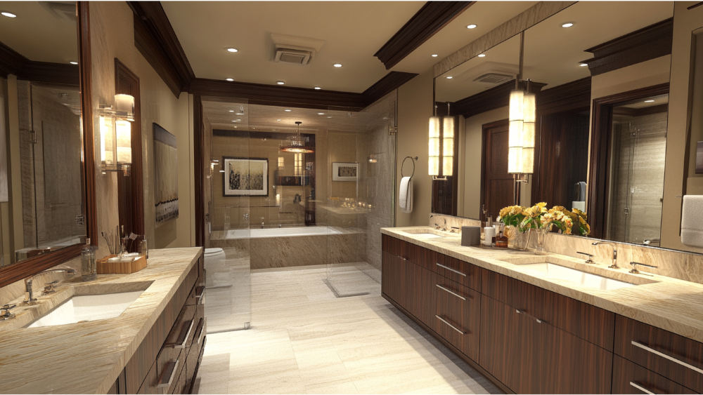 A high-end bathroom with dual vanities, a soaking tub behind glass, rich wood cabinetry, and soft ambient lighting throughout.
