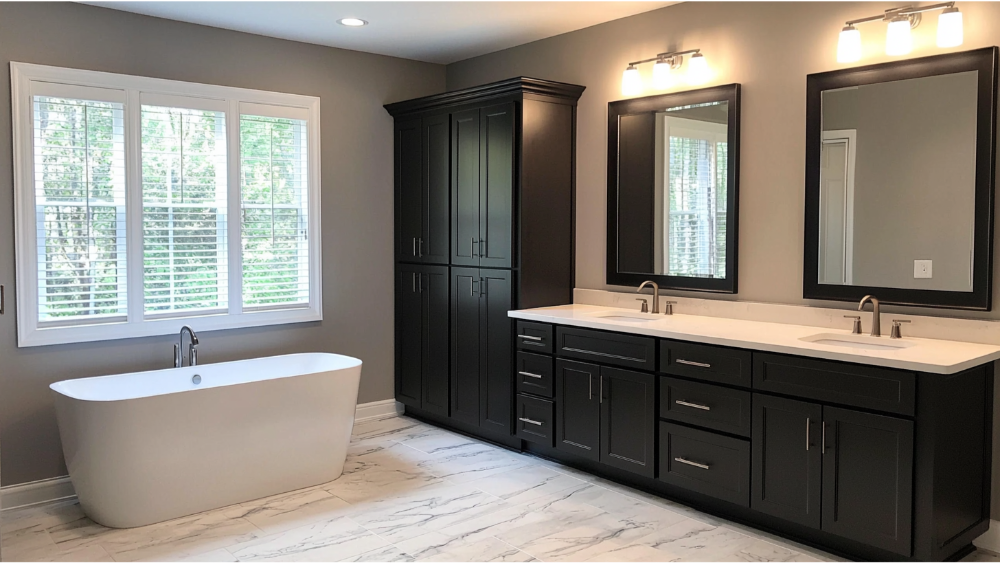 A clean, spacious bathroom featuring a freestanding soaking tub, dual sinks with black cabinetry, large mirrors, and natural light from wide windows.