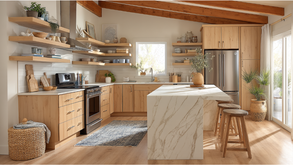 A cozy kitchen with light oak wood cabinets, open shelving, and a marble island, complemented by warm natural light and woven decor.