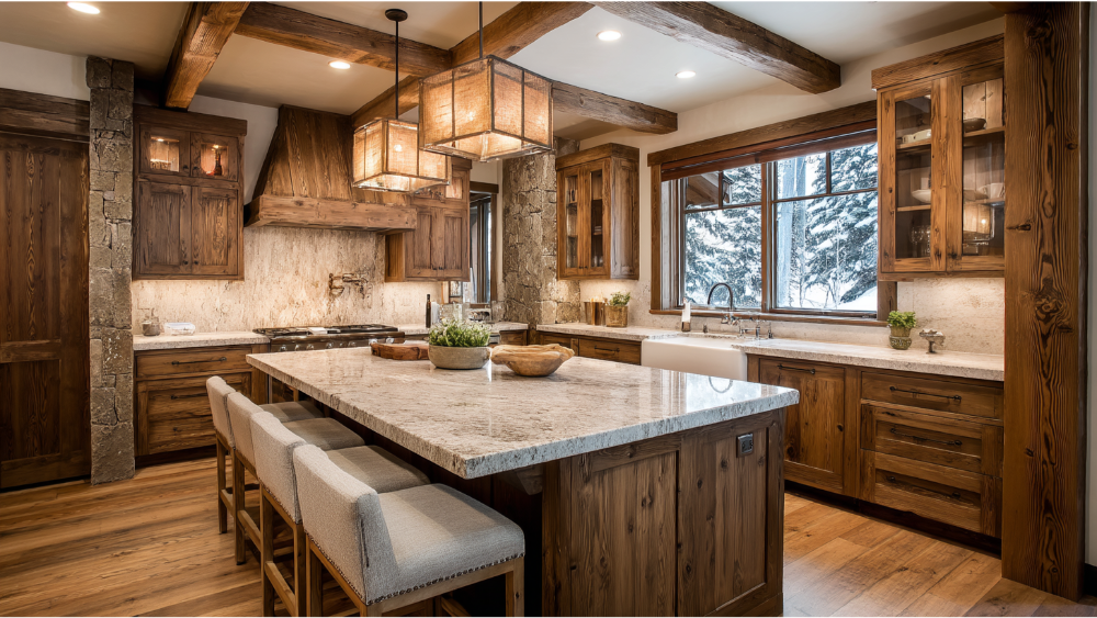 A rustic kitchen with natural wood cabinets, a stone backsplash, exposed beams, and a large island with upholstered stools and warm lighting.