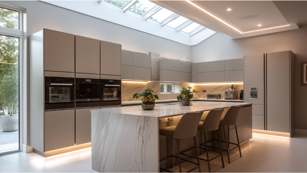 A sleek modern kitchen with flat-panel taupe cabinets, integrated appliances, under-cabinet lighting, and a marble waterfall island.