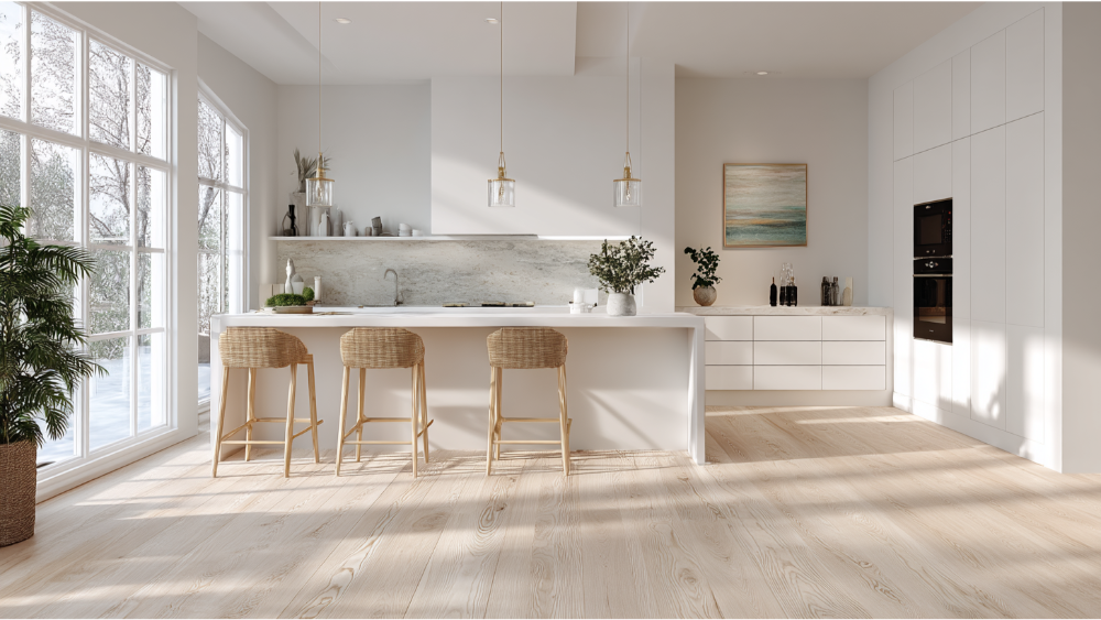 A modern, minimalist kitchen with light-toned wood flooring, white cabinetry, and large windows filling the space with natural light.