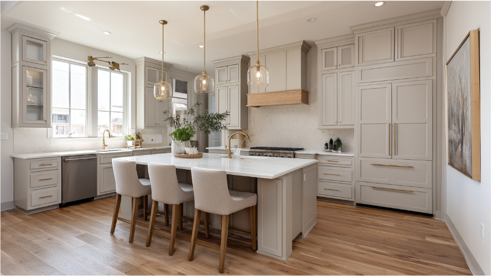 A contemporary kitchen with greige cabinetry, white countertops, brass accents, and pendant lighting over a central island.