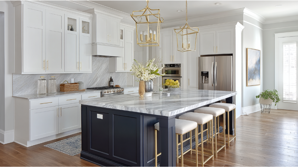 A bright and classic kitchen with white cabinetry, a navy island, and gold accents, featuring a striking marble countertop.