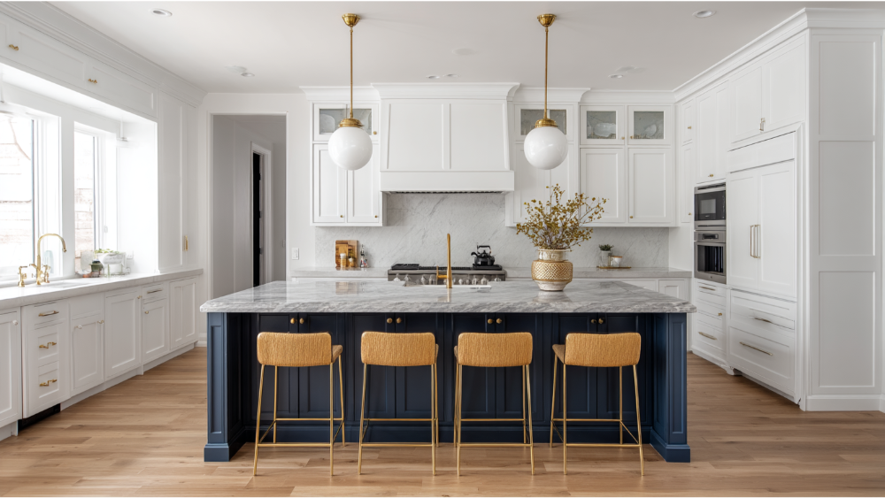 A bright kitchen blending classic and modern design, with white cabinetry, a navy blue island, and brass fixtures.
