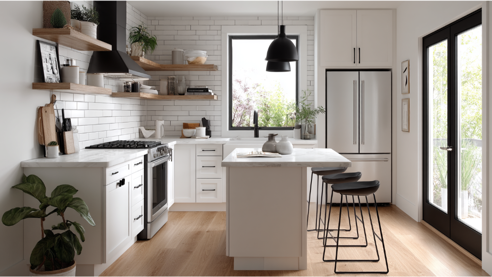 A bright and modern kitchen with white cabinetry, open wooden shelves, a center island with stools, and black-framed windows and doors.