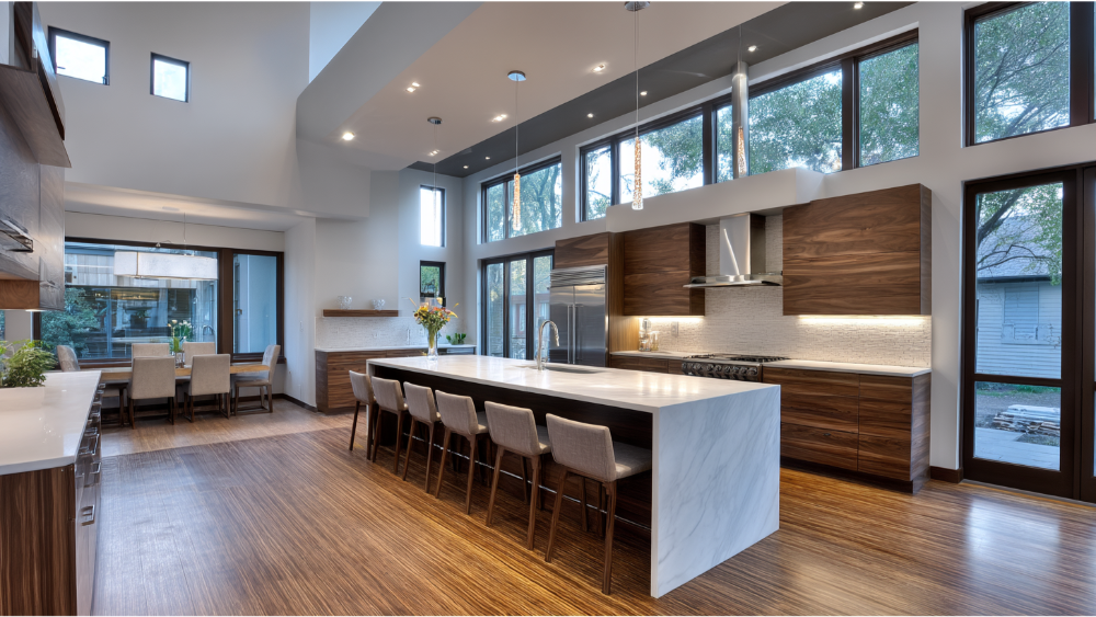 A spacious, contemporary open-concept kitchen with walnut cabinetry, a large waterfall island, and floor-to-ceiling windows.