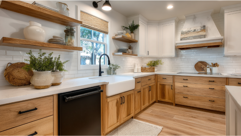 A cozy farmhouse-style kitchen with wood cabinets, white tile backsplash, open wood shelves, and decorative potted plants.