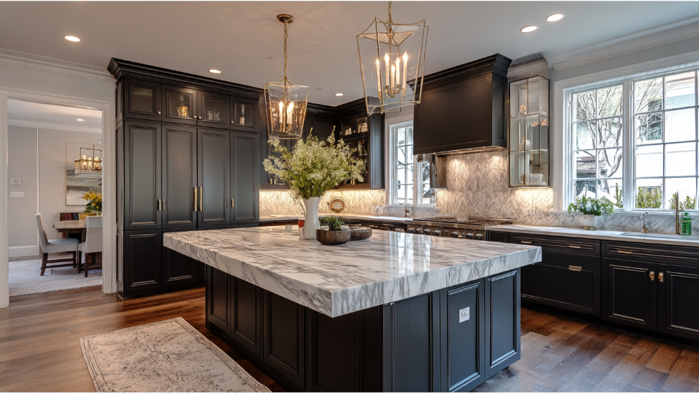 An elegant kitchen with dark shaker cabinets, a large marble island, and brass pendant lighting for a sophisticated touch.