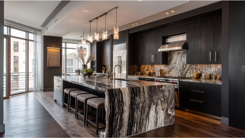 A luxurious kitchen with dark cabinetry, a dramatic waterfall marble island, pendant lighting, and warm wood flooring.