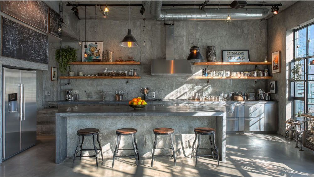 An industrial-style kitchen with concrete finishes, metal stools, open wood shelving, and large windows for natural light.