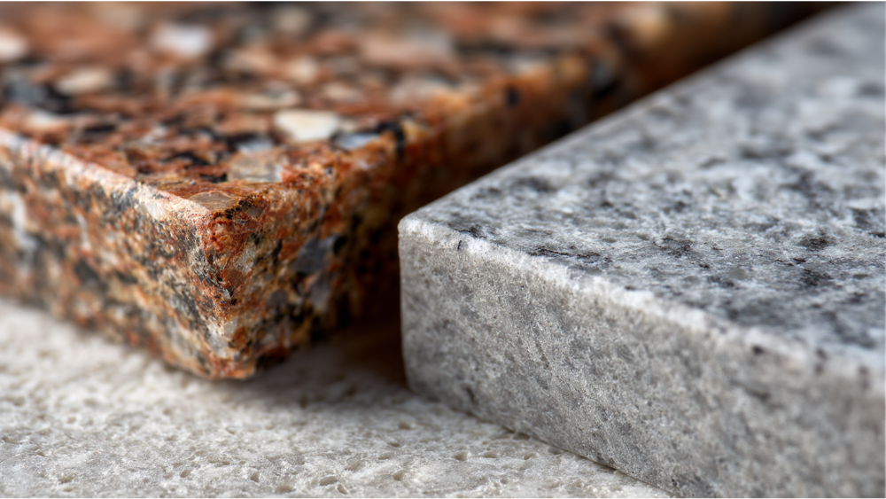 A close-up of two granite countertop samples showing different colors and surface textures on a neutral background.
