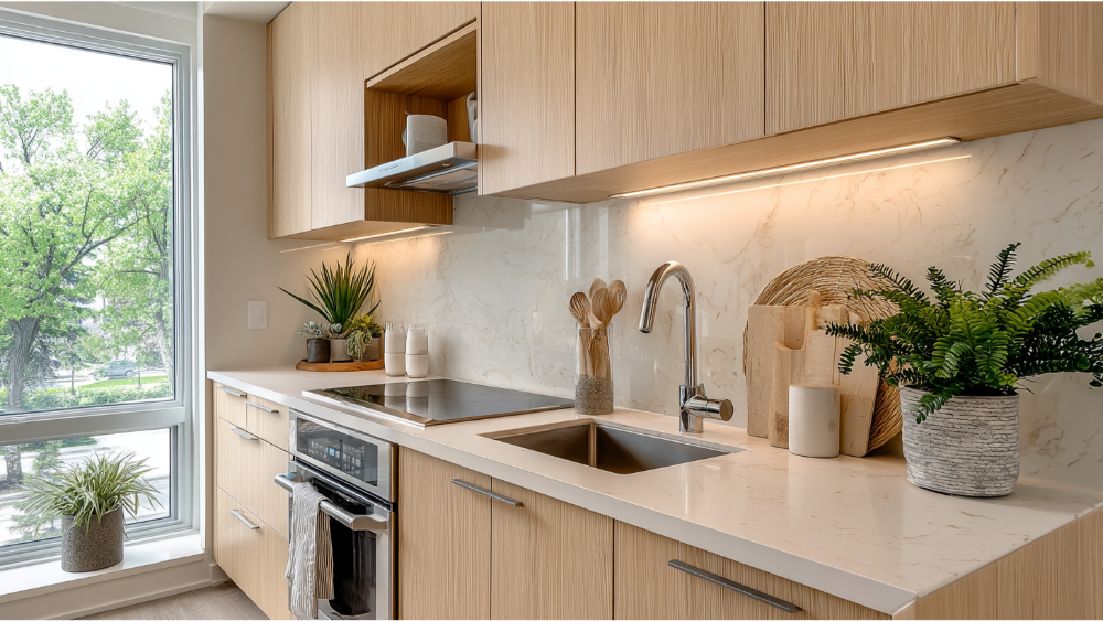 A minimalist kitchen with light wood cabinets, white marble backsplash, and modern plants near a large window.