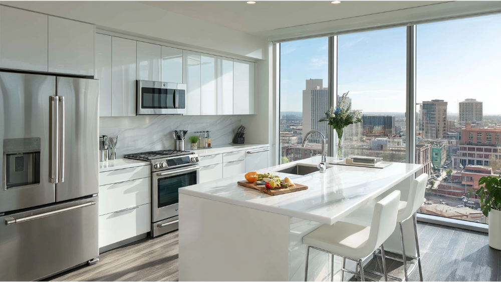 A modern apartment kitchen with sleek white cabinetry, stainless steel appliances, and floor-to-ceiling windows offering a panoramic city view.