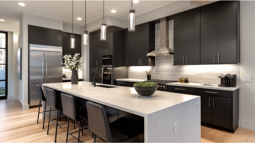 A modern kitchen with matte black cabinetry, a white waterfall island, pendant lighting, and stainless steel appliances.