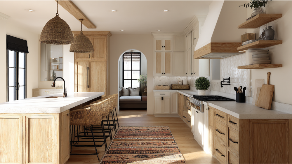 A warm, rustic-modern kitchen with light wood tones, woven accents, and a large island with wicker bar stools and pendant lights.